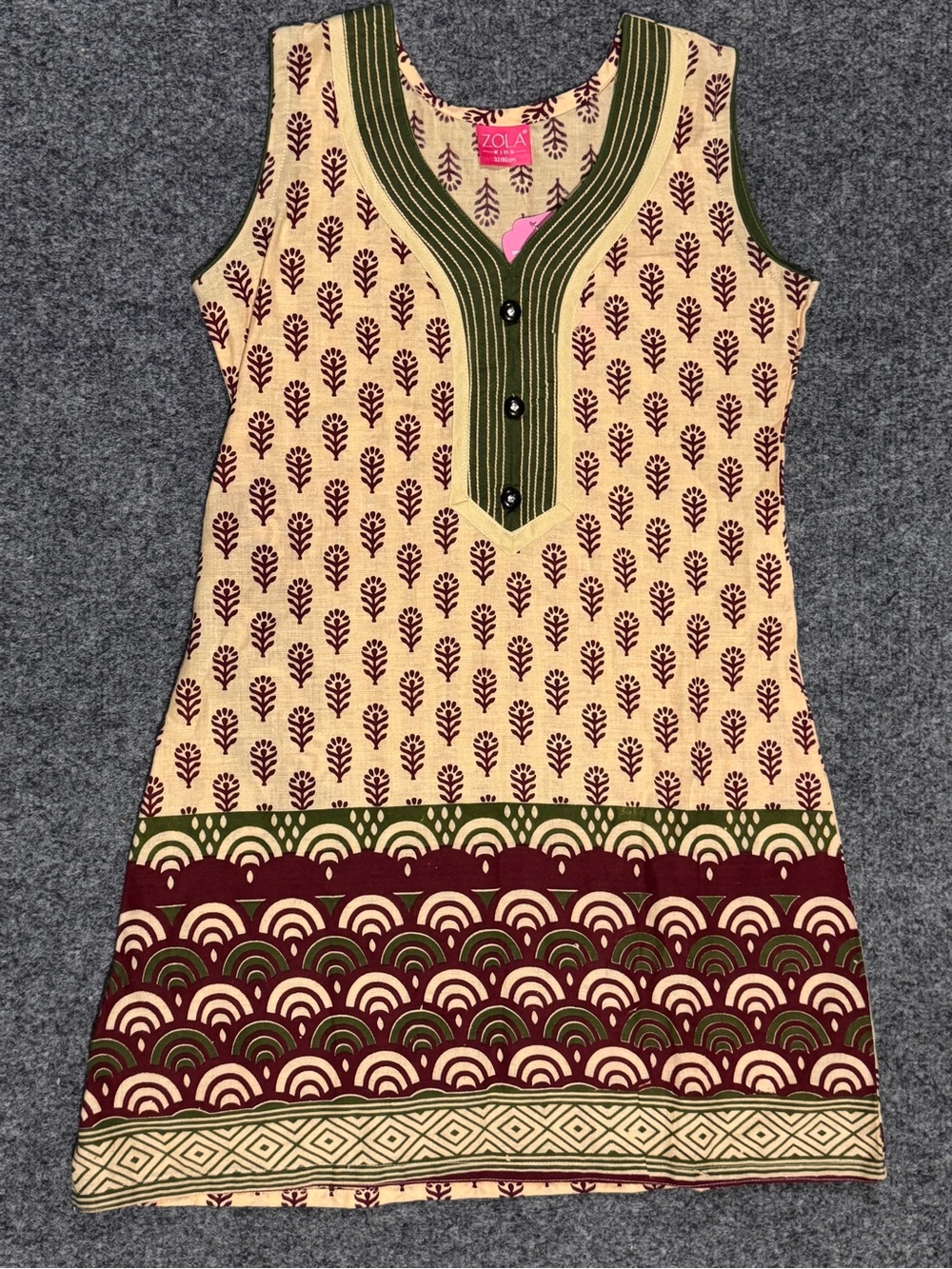 Zola Sleeveless Kurti Girls Printed Dress in Cream and Burgundy NWT Sz 32 or 7/8